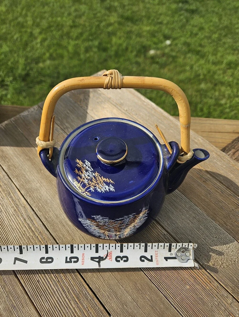 Vintage Japanese Cobalt Blue Porcelain Teapot Gold Bamboo Design Wrapped Handle